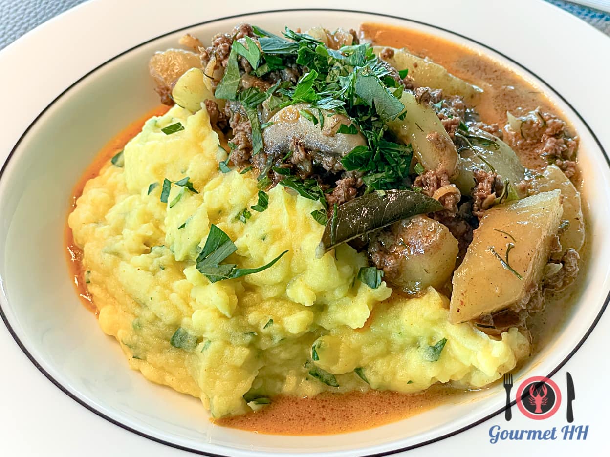 Bild: Schmorgurkencurry mit Rinderhack, Champignons und Dill